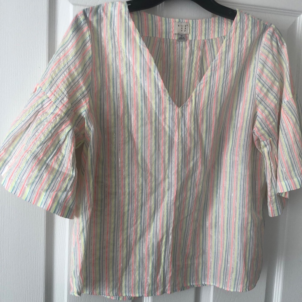 V neck striped bell sleeve blouse
